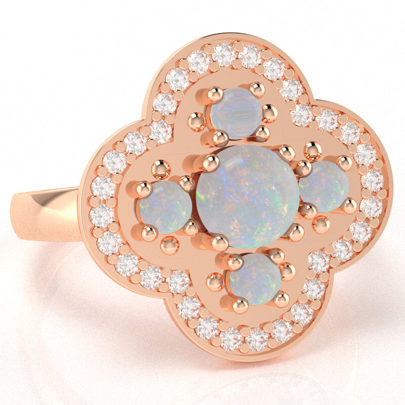 Shamrock Clover Flower Leaf Opal Diamond Ring In 14k Rose Gold