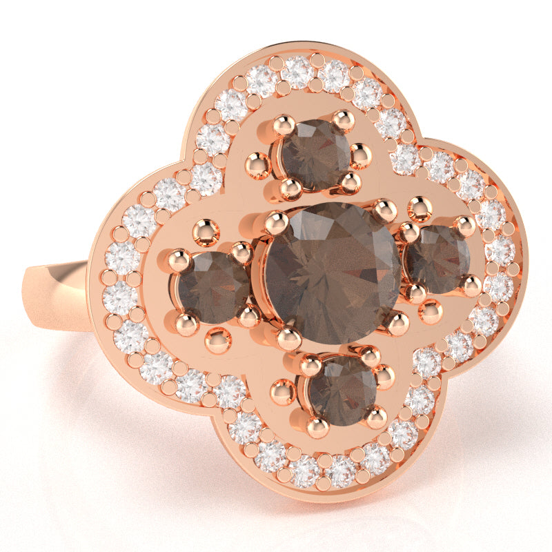 Shamrock Clover Flower Leaf Smoky Quartz Diamond Ring In 14k Rose Gold