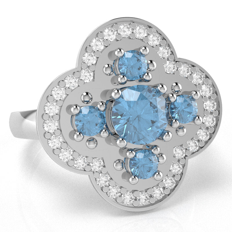 Shamrock Clover Flower Leaf Blue Topaz Diamond Ring In 14k White Gold