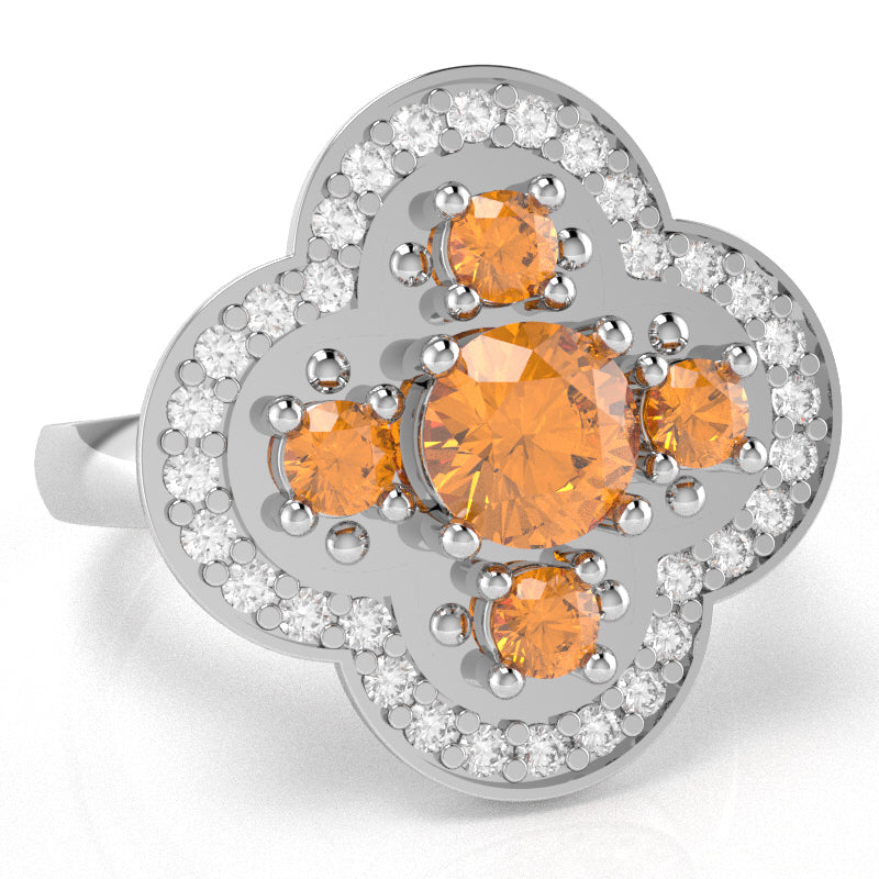 Shamrock Clover Flower Leaf Citrine Diamond Ring In 14k White Gold