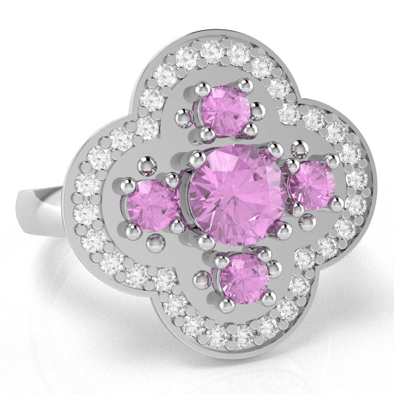 Shamrock Clover Flower Leaf Lab-Created Pink Sapphire Diamond Ring In 14k White Gold