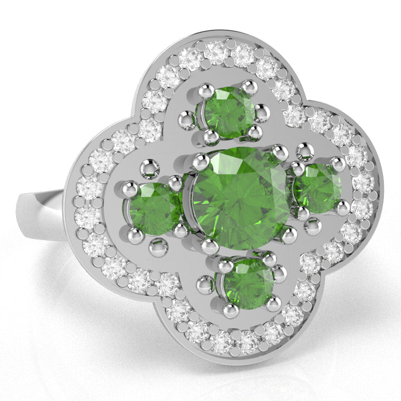 Shamrock Clover Flower Leaf Peridot Diamond Ring In 14k White Gold