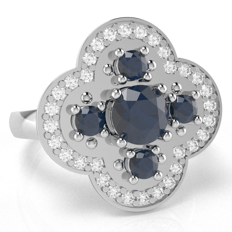 Shamrock Clover Flower Leaf Lab-Created Sapphire Diamond Ring In 14k White Gold