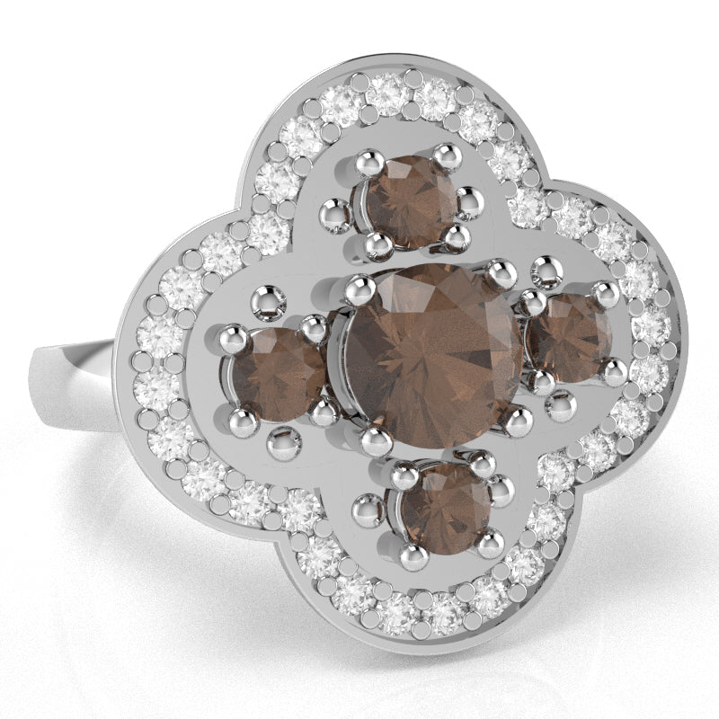 Shamrock Clover Flower Leaf Smoky Quartz Diamond Ring In 14k White Gold