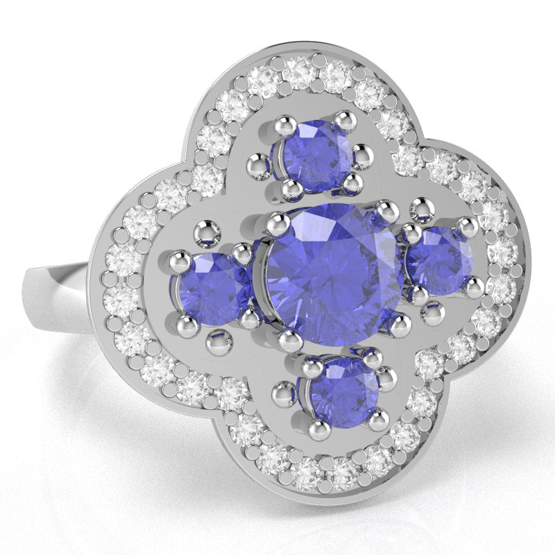 Shamrock Clover Flower Leaf Tanzanite Diamond Ring In 14k White Gold