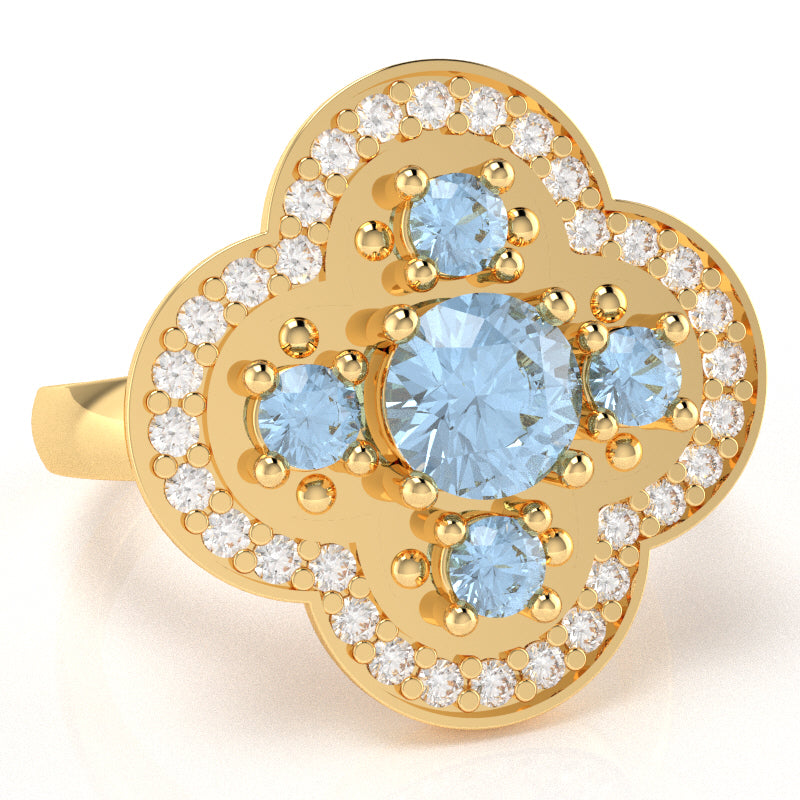 Shamrock Clover Flower Leaf Aquamarine Diamond Ring In 14k Yellow Gold