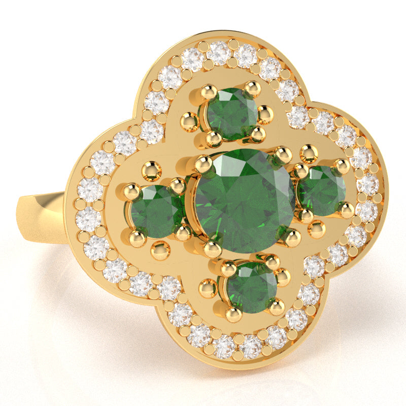Shamrock Clover Flower Leaf Lab-Created Emerald Diamond Ring In 14k Yellow Gold