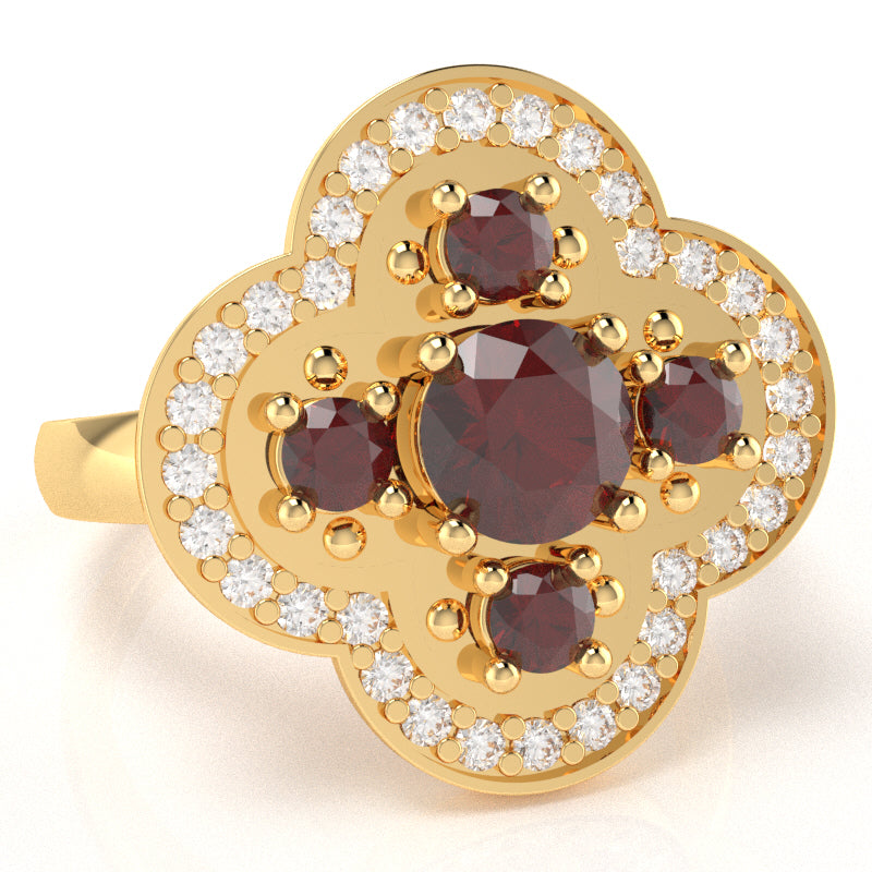 Shamrock Clover Flower Leaf Lab-Created Ruby Diamond Ring In 14k Yellow Gold