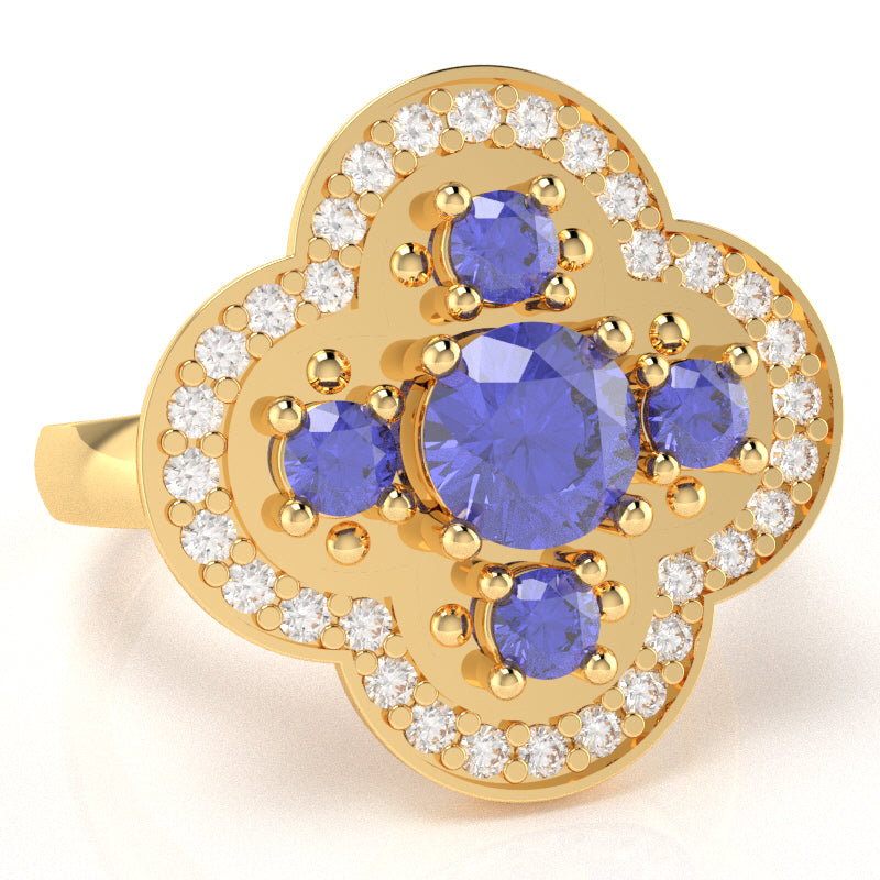 Shamrock Clover Flower Leaf Tanzanite Diamond Ring In 14k Yellow Gold