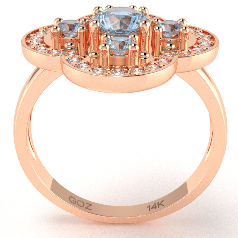 Shamrock Clover Flower Leaf Aquamarine Diamond Ring In 14k Rose Gold