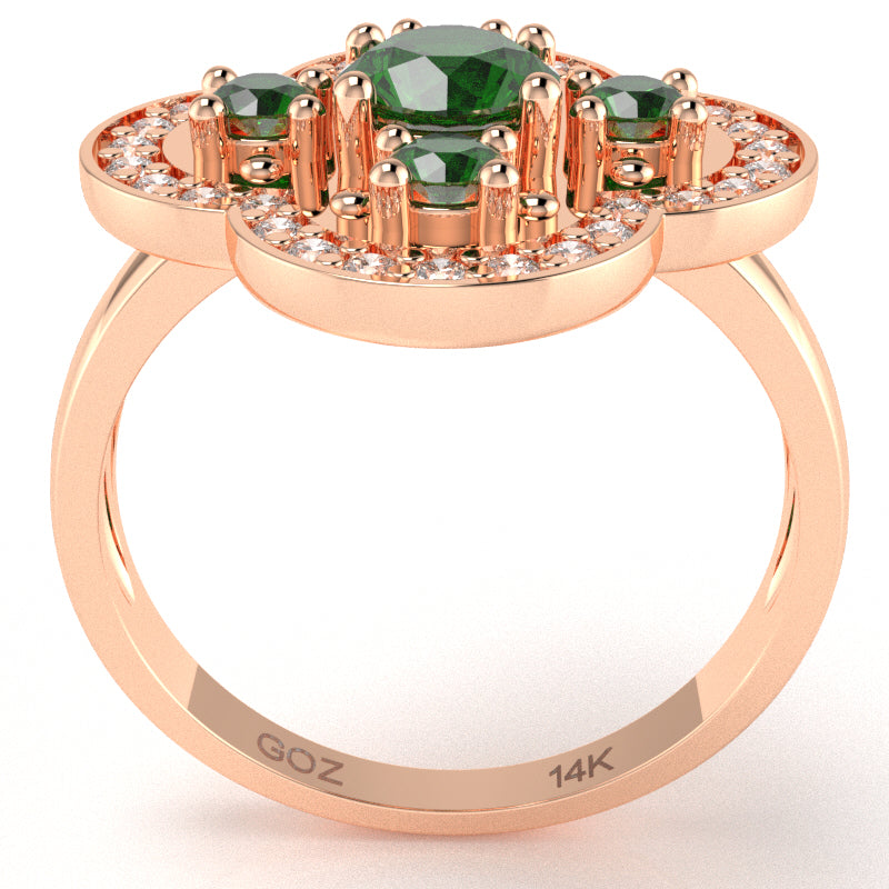 Shamrock Clover Flower Leaf Lab-Created Emerald Diamond Ring In 14k Rose Gold