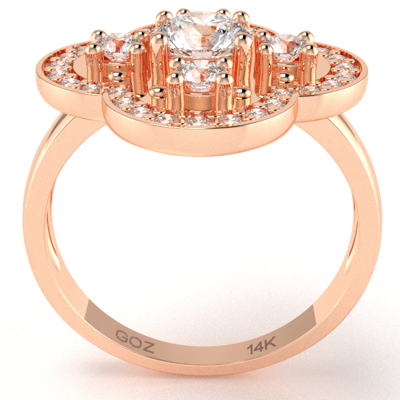Shamrock Clover Flower Leaf White Topaz Diamond Ring In 14k Rose Gold