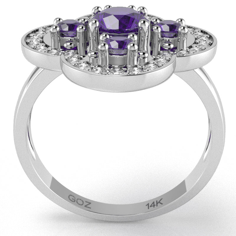 Shamrock Clover Flower Leaf Amethyst Diamond Ring In 14k White Gold