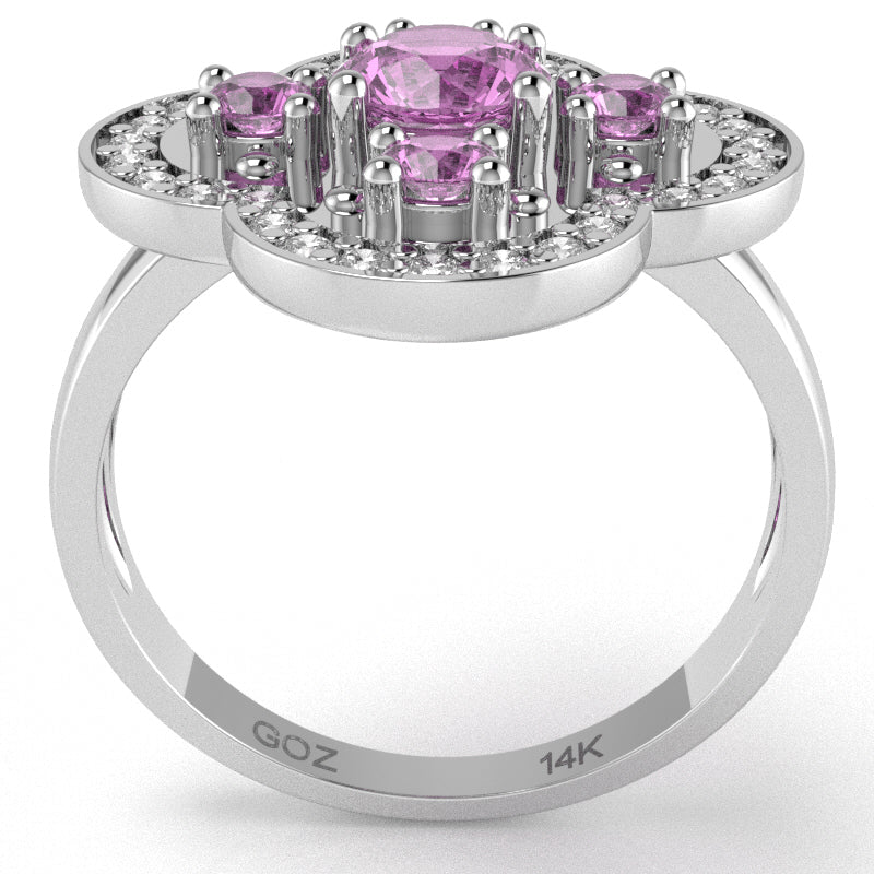 Shamrock Clover Flower Leaf Lab-Created Pink Sapphire Diamond Ring In 14k White Gold