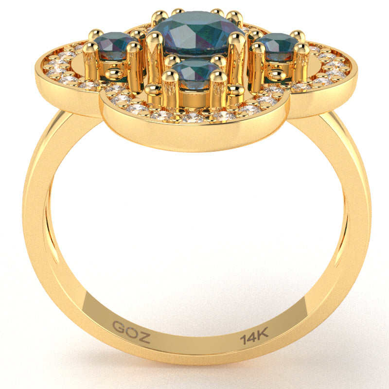 Shamrock Clover Flower Leaf Lab-Created Alexandrite Diamond Ring In 14k Yellow Gold