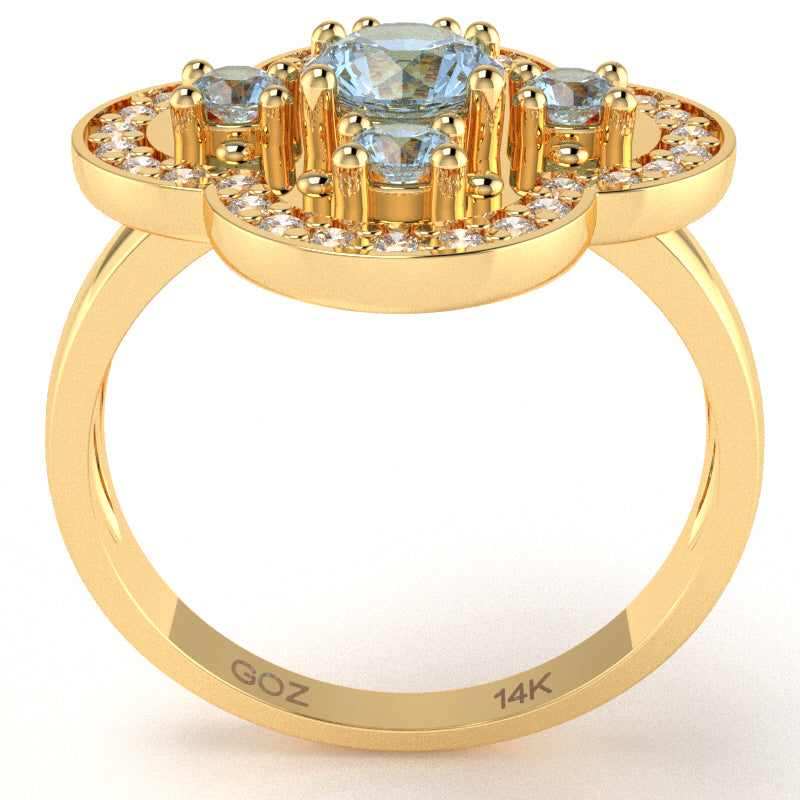 Shamrock Clover Flower Leaf Aquamarine Diamond Ring In 14k Yellow Gold