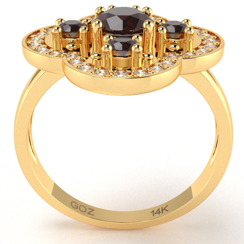 Shamrock Clover Flower Leaf Garnet Diamond Ring In 14k Yellow Gold