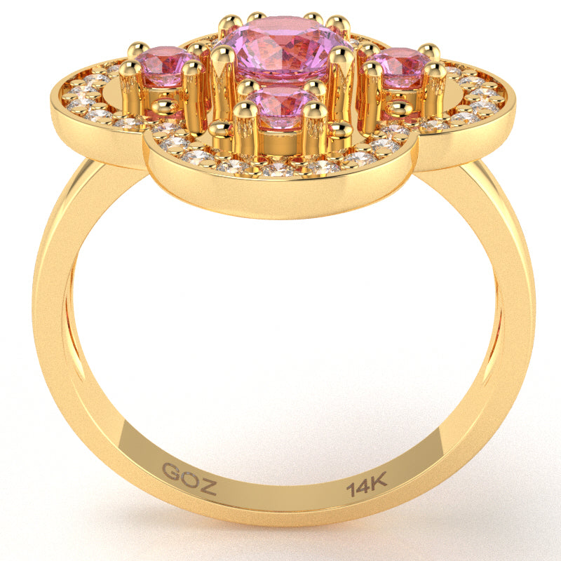 Shamrock Clover Flower Leaf Lab-Created Pink Sapphire Diamond Ring In 14k Yellow Gold
