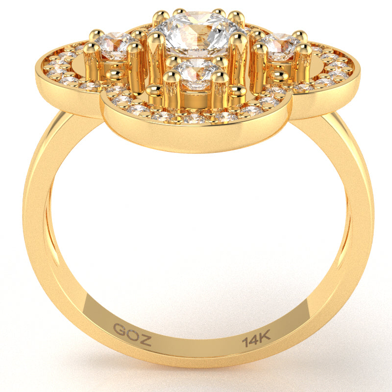 Shamrock Clover Flower Leaf White Topaz Diamond Ring In 14k Yellow Gold