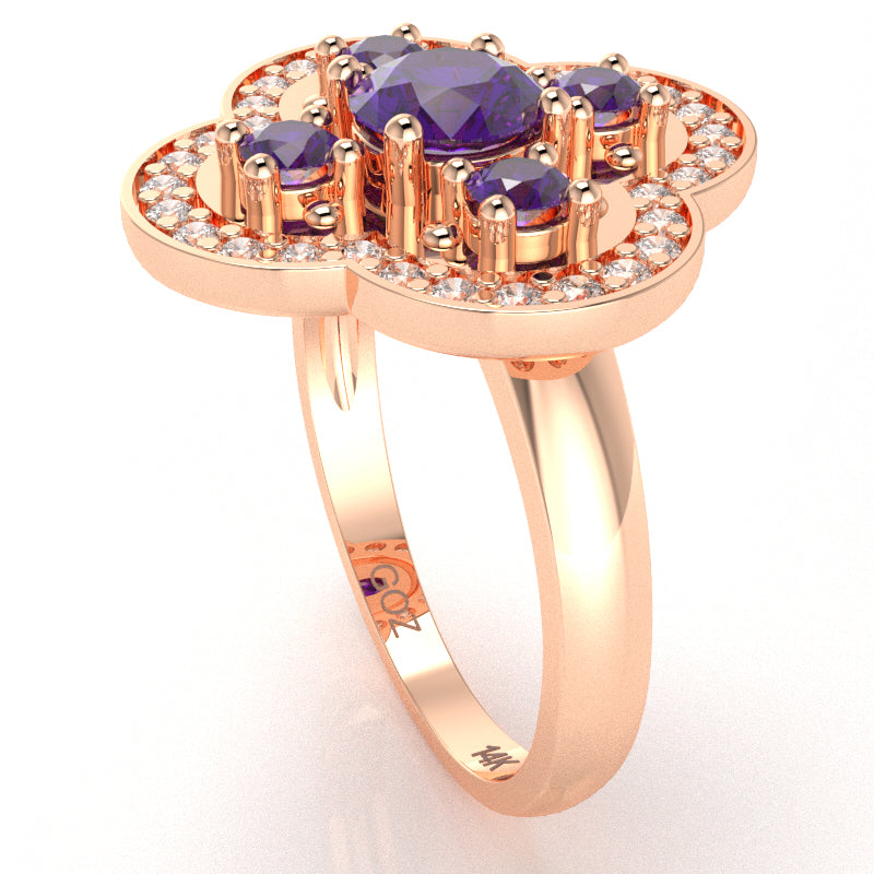 Shamrock Clover Flower Leaf Amethyst Diamond Ring In 14k Rose Gold