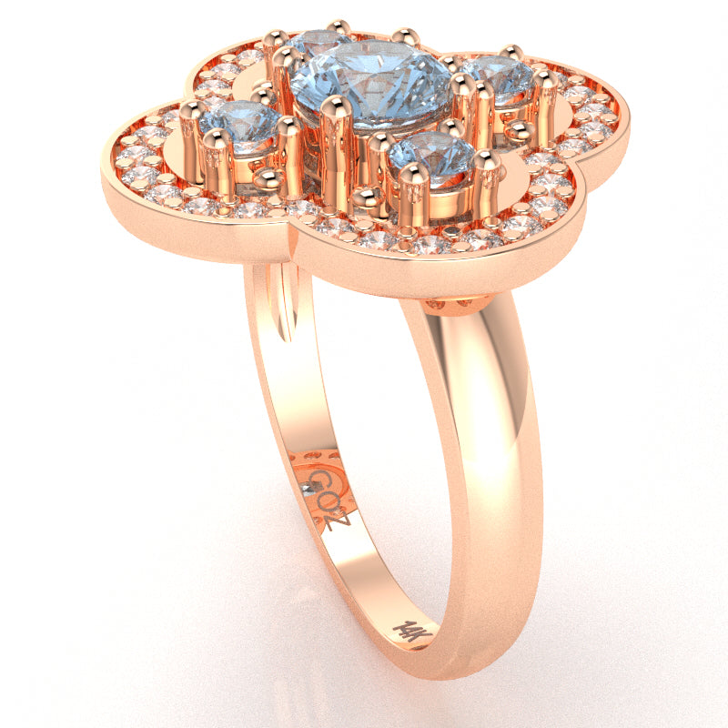Shamrock Clover Flower Leaf Aquamarine Diamond Ring In 14k Rose Gold