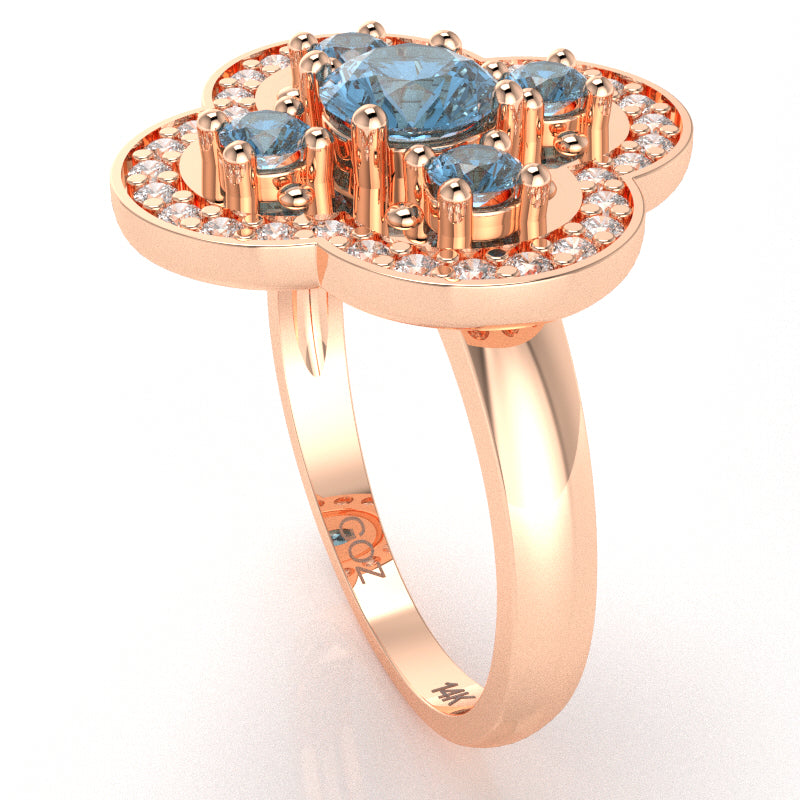 Shamrock Clover Flower Leaf Blue Topaz Diamond Ring In 14k Rose Gold
