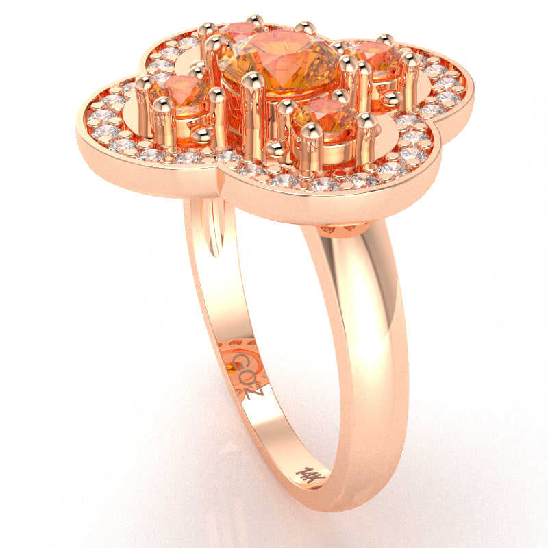 Shamrock Clover Flower Leaf Citrine Diamond Ring In 14k Rose Gold
