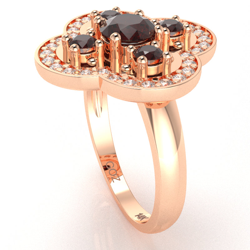 Shamrock Clover Flower Leaf Garnet Diamond Ring In 14k Rose Gold