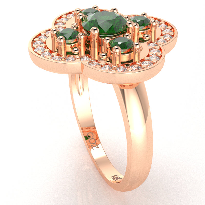 Shamrock Clover Flower Leaf Lab-Created Emerald Diamond Ring In 14k Rose Gold