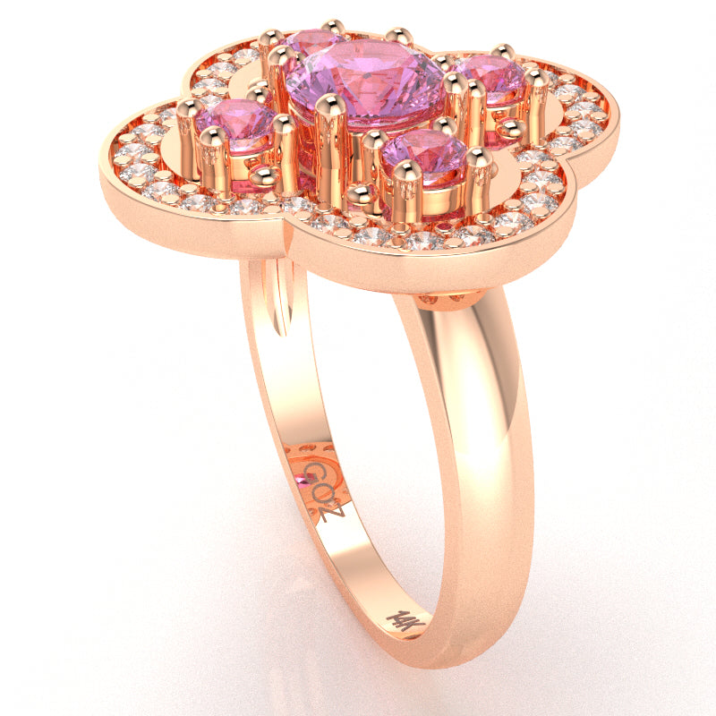 Shamrock Clover Flower Leaf Lab-Created Pink Sapphire Diamond Ring In 14k Rose Gold