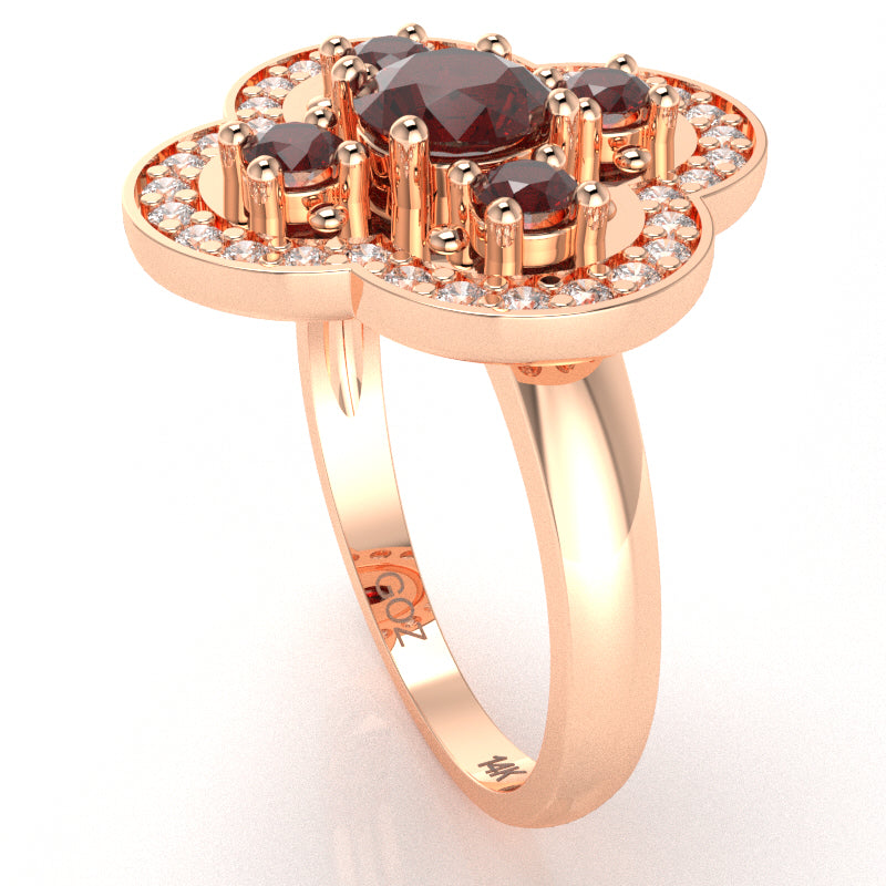 Shamrock Clover Flower Leaf Lab-Created Ruby Diamond Ring In 14k Rose Gold