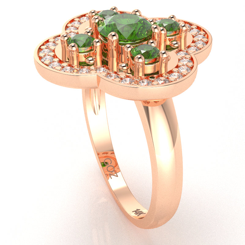 Shamrock Clover Flower Leaf Peridot Diamond Ring In 14k Rose Gold