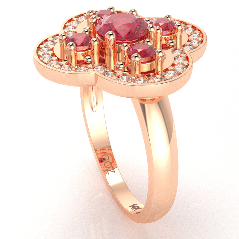 Shamrock Clover Flower Leaf Pink Tourmaline Diamond Ring In 14k Rose Gold