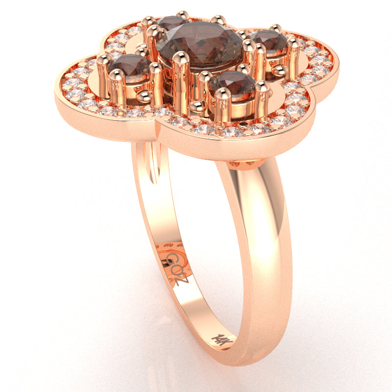 Shamrock Clover Flower Leaf Smoky Quartz Diamond Ring In 14k Rose Gold