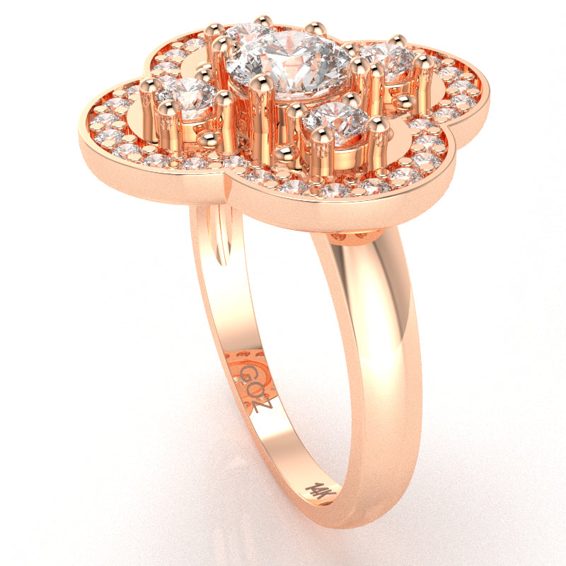 Shamrock Clover Flower Leaf White Topaz Diamond Ring In 14k Rose Gold