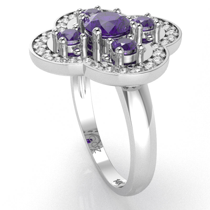 Shamrock Clover Flower Leaf Amethyst Diamond Ring In 14k White Gold