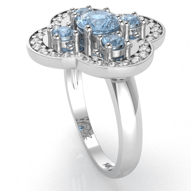 Shamrock Clover Flower Leaf Aquamarine Diamond Ring In 14k White Gold