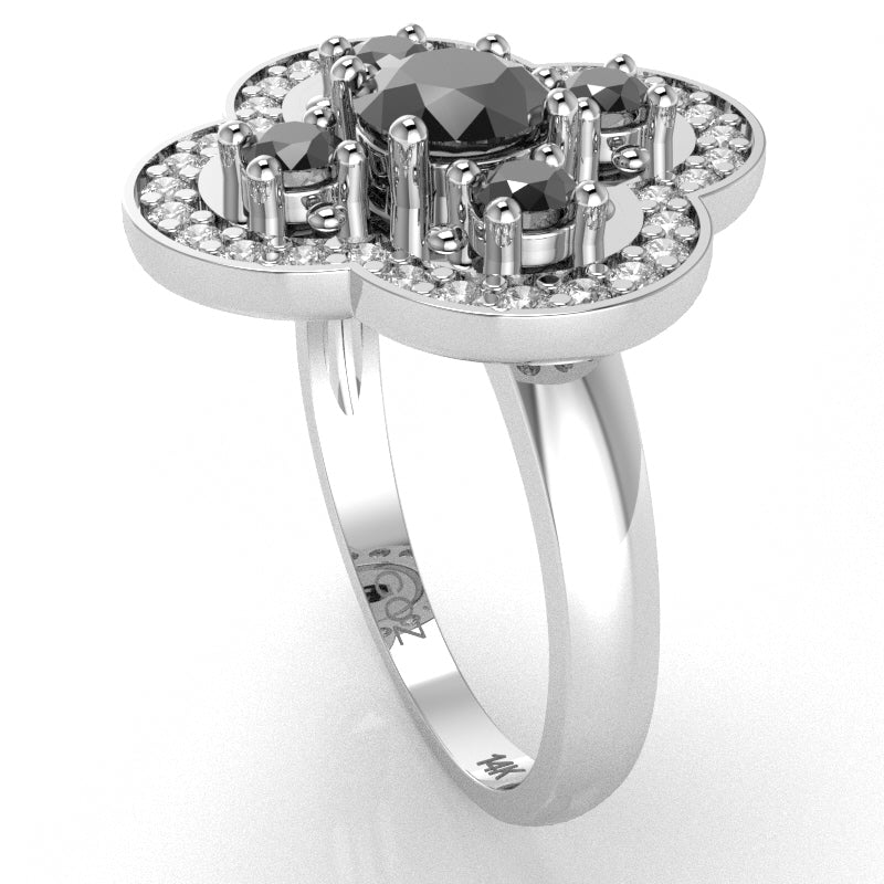 Shamrock Clover Flower Leaf Black Onyx Diamond Ring In 14k White Gold
