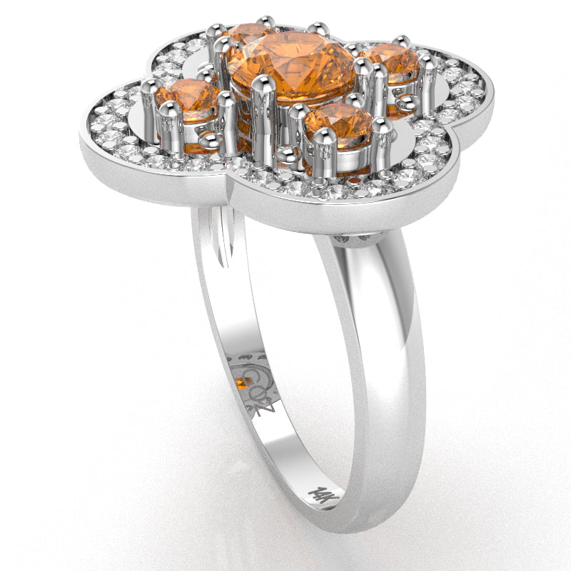 Shamrock Clover Flower Leaf Citrine Diamond Ring In 14k White Gold