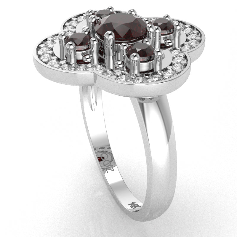 Shamrock Clover Flower Leaf Garnet Diamond Ring In 14k White Gold