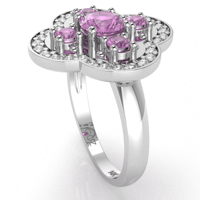 Shamrock Clover Flower Leaf Lab-Created Pink Sapphire Diamond Ring In 14k White Gold