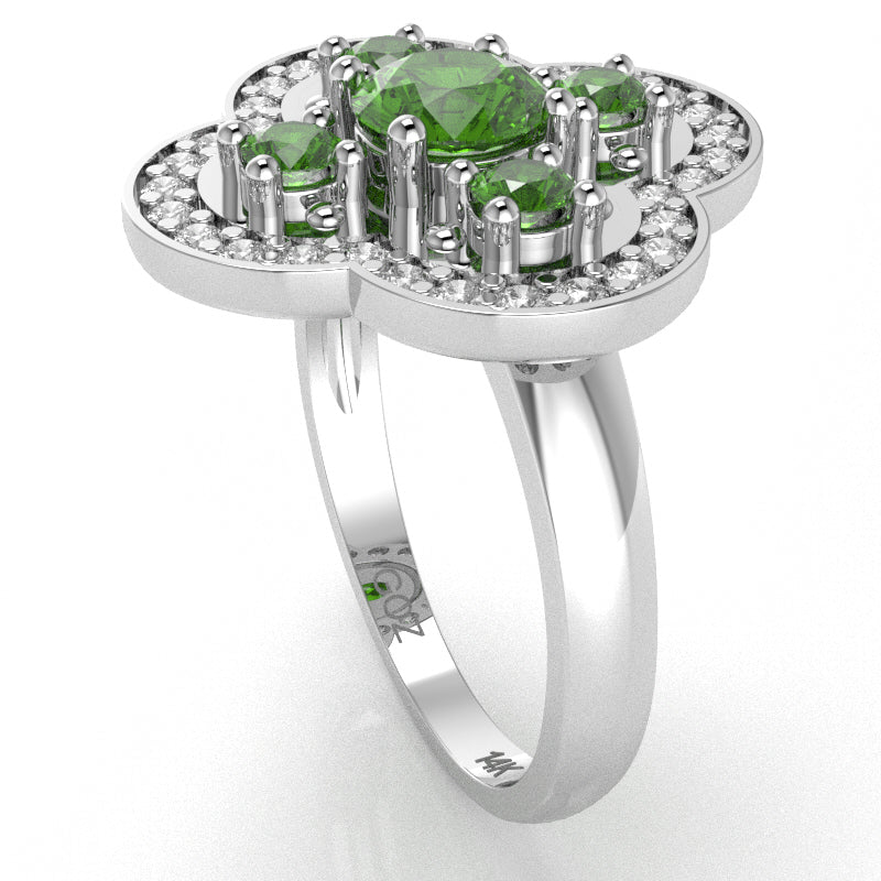 Shamrock Clover Flower Leaf Peridot Diamond Ring In 14k White Gold