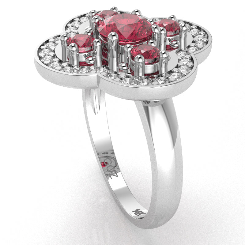 Shamrock Clover Flower Leaf Pink Tourmaline Diamond Ring In 14k White Gold