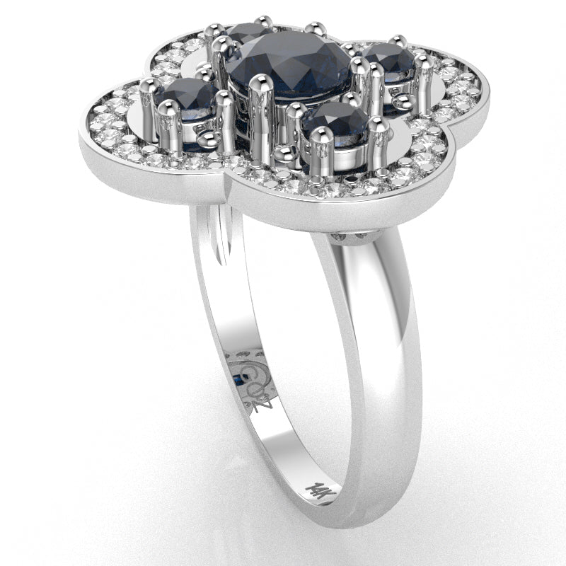 Shamrock Clover Flower Leaf Lab-Created Sapphire Diamond Ring In 14k White Gold