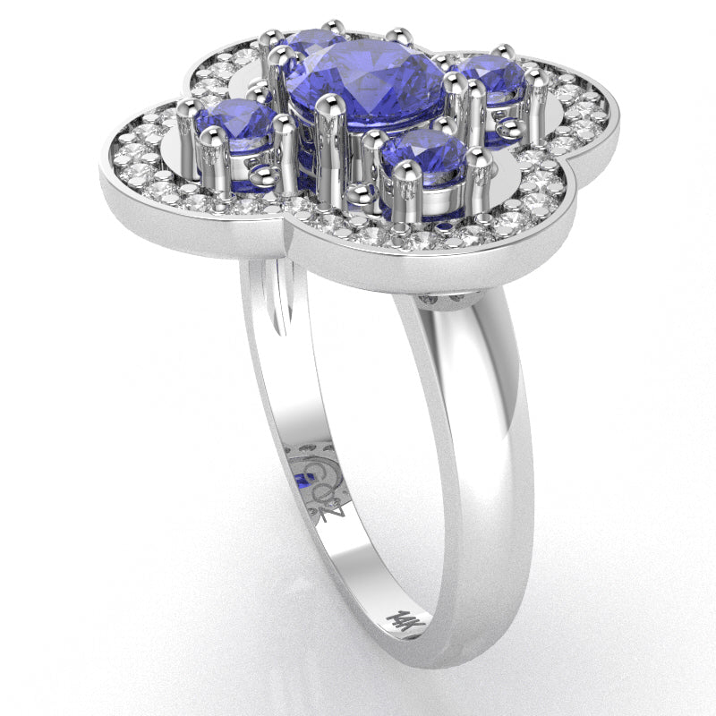 Shamrock Clover Flower Leaf Tanzanite Diamond Ring In 14k White Gold