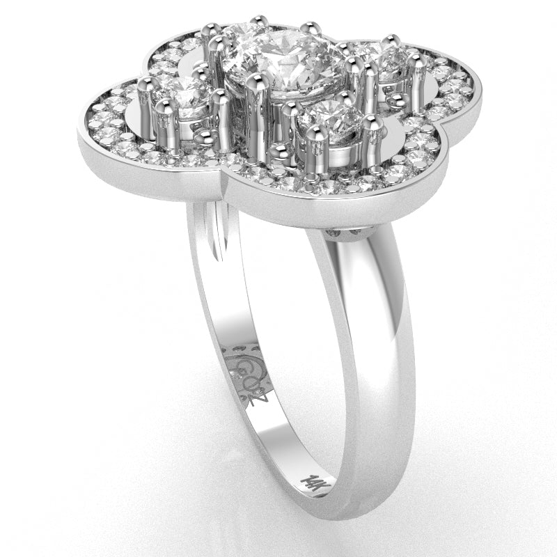 Shamrock Clover Flower Leaf White Topaz Diamond Ring In 14k White Gold