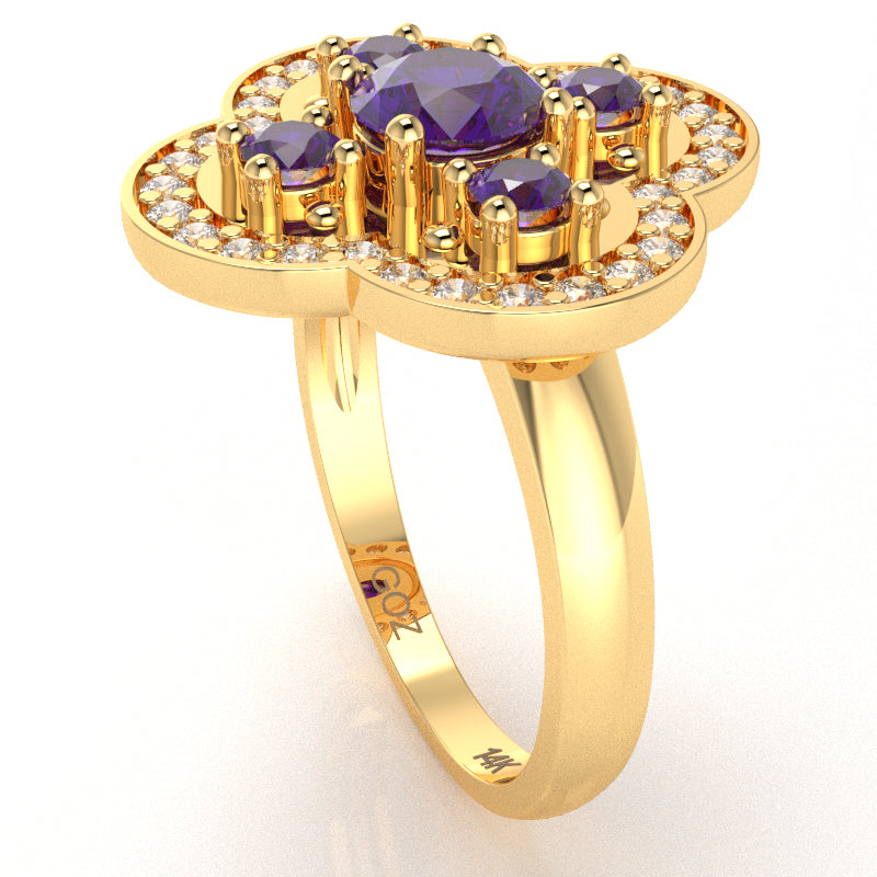 Shamrock Clover Flower Leaf Amethyst Diamond Ring In 14k Yellow Gold