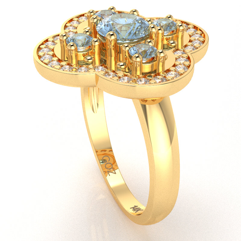 Shamrock Clover Flower Leaf Aquamarine Diamond Ring In 14k Yellow Gold