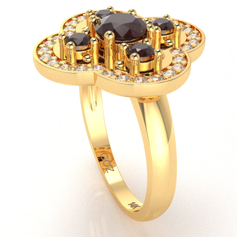Shamrock Clover Flower Leaf Garnet Diamond Ring In 14k Yellow Gold