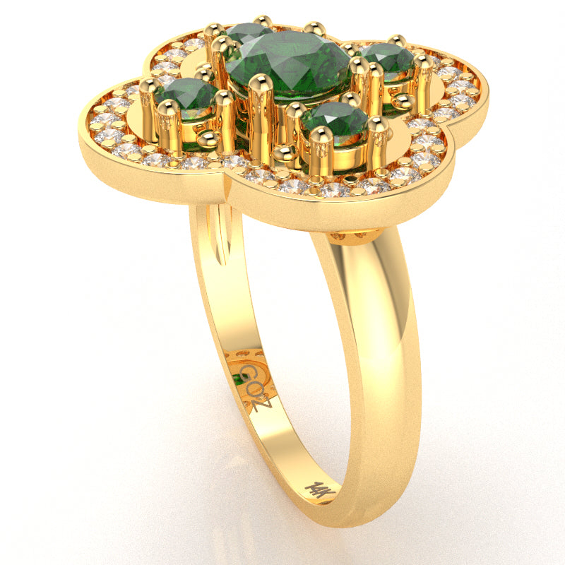 Shamrock Clover Flower Leaf Lab-Created Emerald Diamond Ring In 14k Yellow Gold